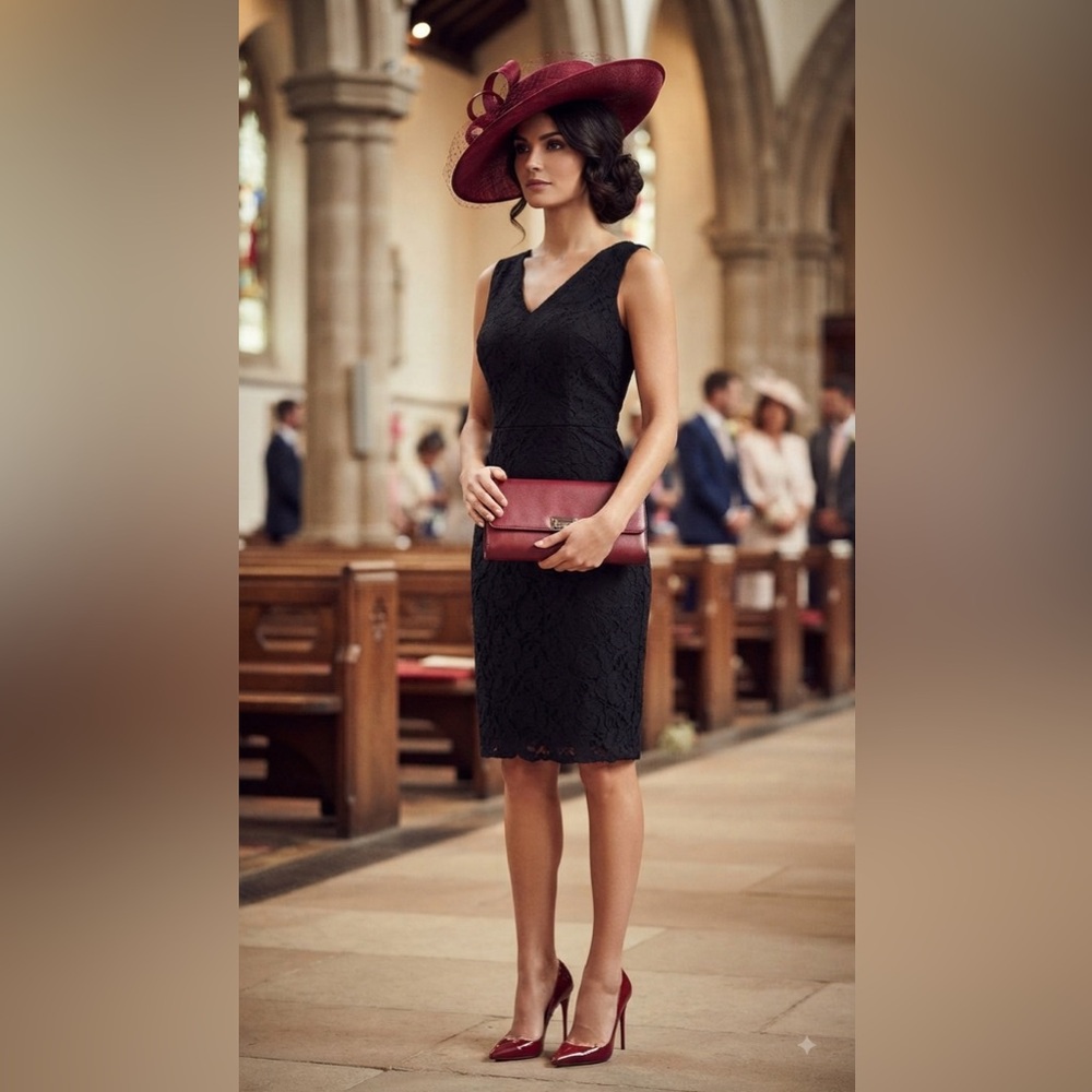 Pure by Alfred Sung | black lace dress with v neck and side zipper